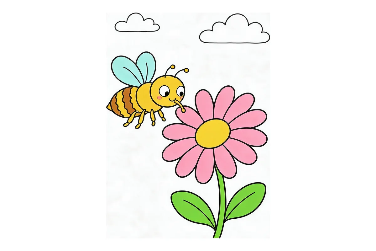 Versión coloreada de abejita junto a una flor