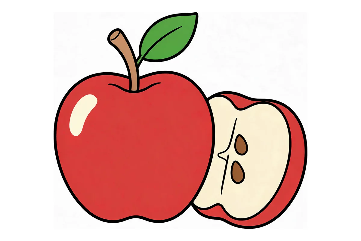 Versión coloreada de manzana entera y cortada