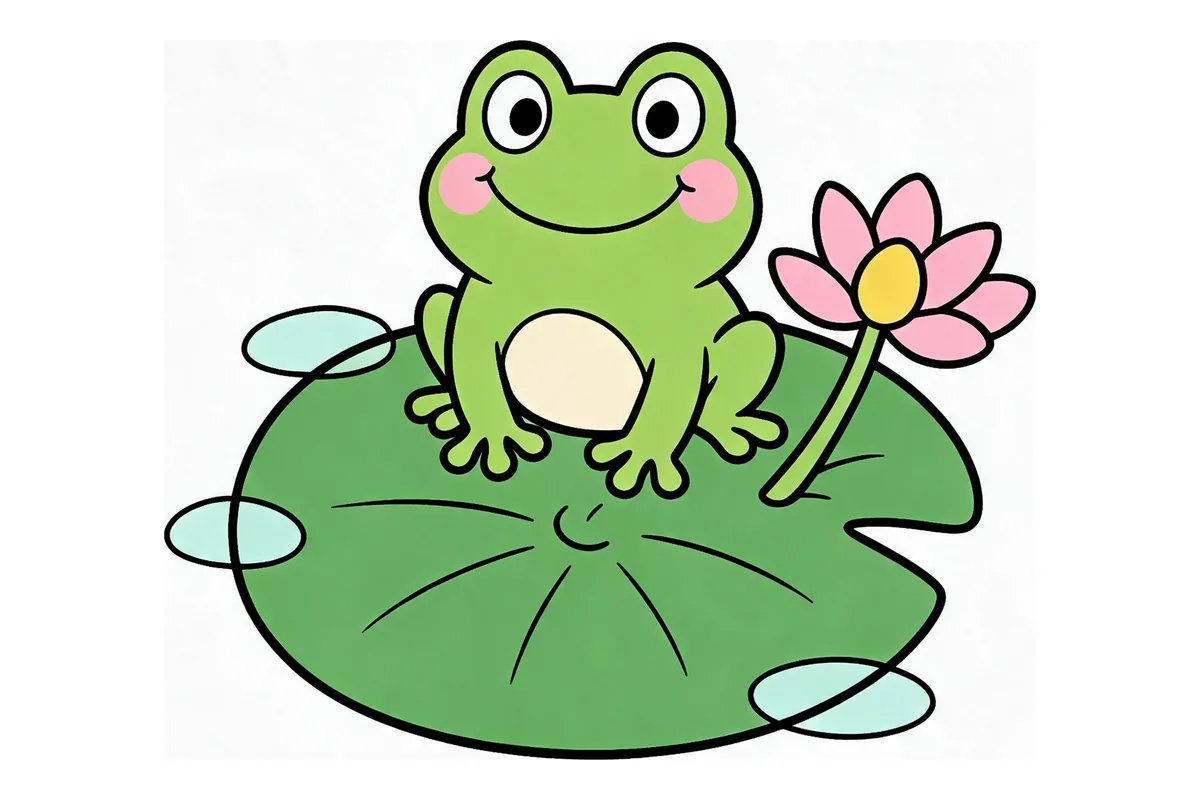 Sapito verde sobre un nenúfar con una flor rosa, versión coloreada del primer dibujo