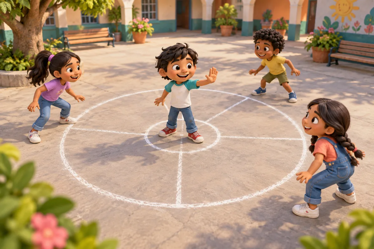 Niños alrededor de un círculo de tiza; uno levanta la mano para indicar alto.