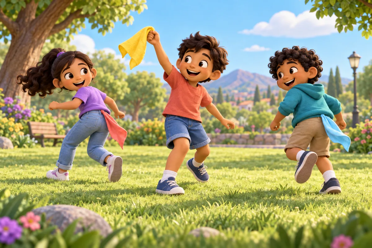 Tres amigos juegan con pañuelos de colores que asoman por detrás de la cintura; uno muestra la cola que consiguió.