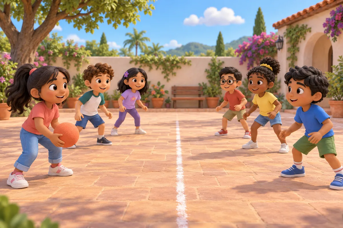 Dos equipos de niños esperan en lados opuestos de una línea de tiza; uno sostiene una pelota blanda.