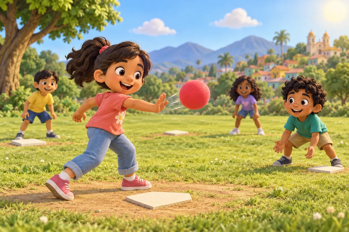 Niños juegan una versión de béisbol sin bate: uno golpea una pelota blanda con la palma junto a las bases.