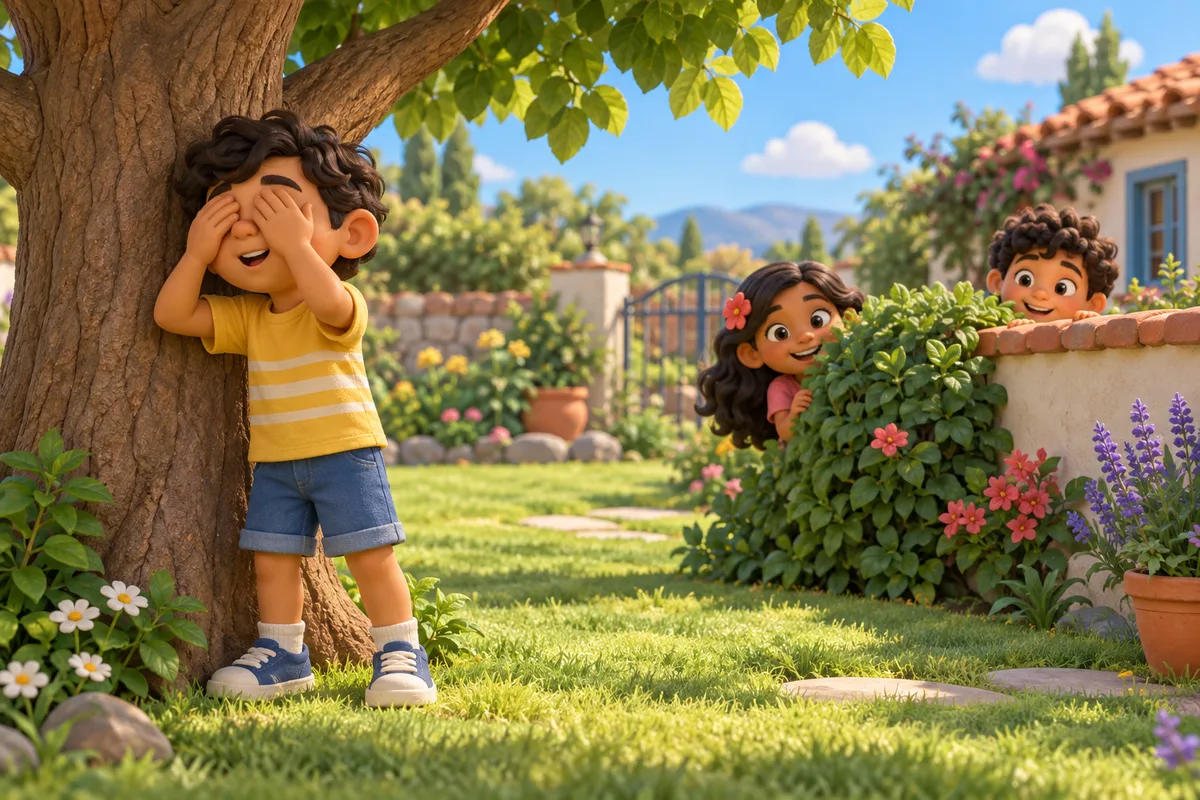 Un niño cuenta mirando a un árbol mientras dos amigos asoman desde un arbusto y un muro bajo del jardín.