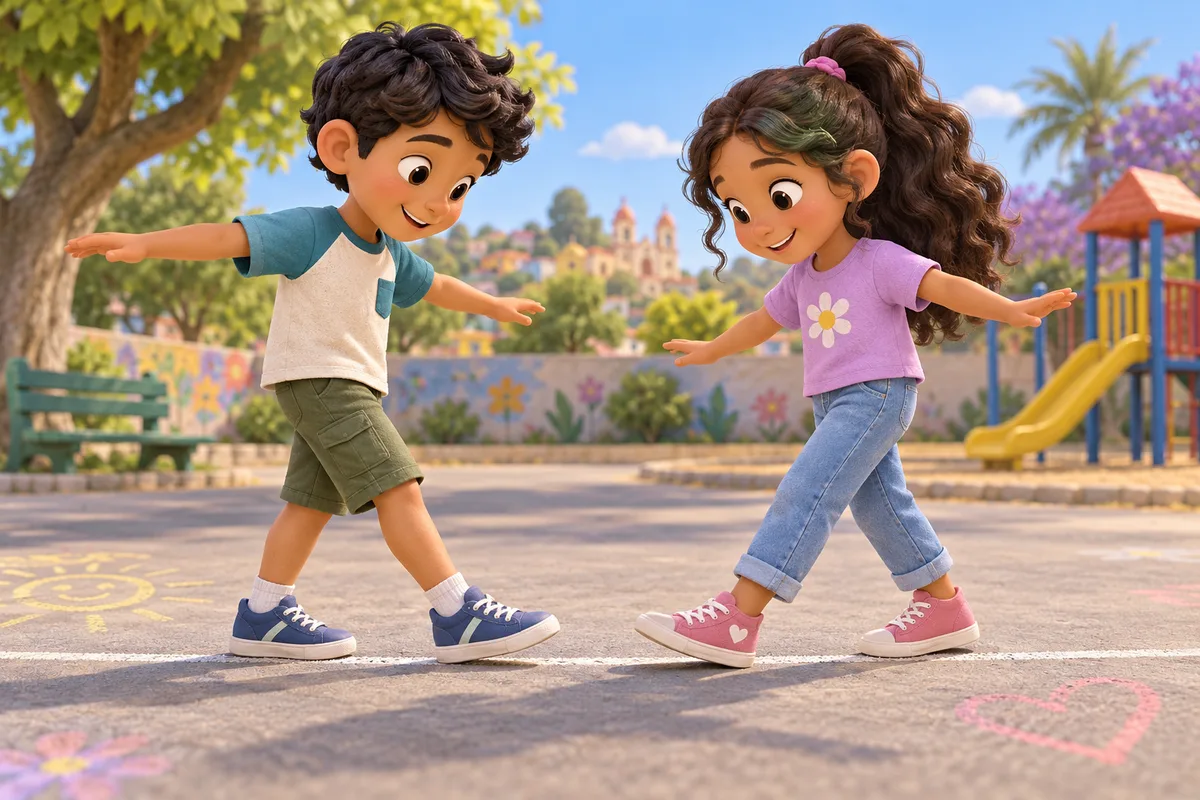 Dos niños miran sus zapatos mientras avanzan de frente con pasos de talón a punta sobre una línea.