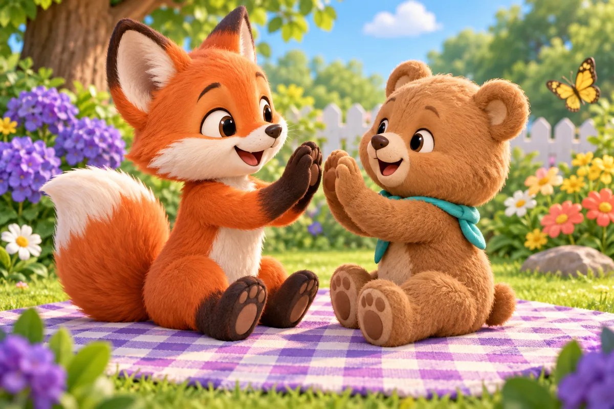 Un zorrito y un osito de caricatura juntan suavemente sus palmas mientras juegan sentados frente a frente.