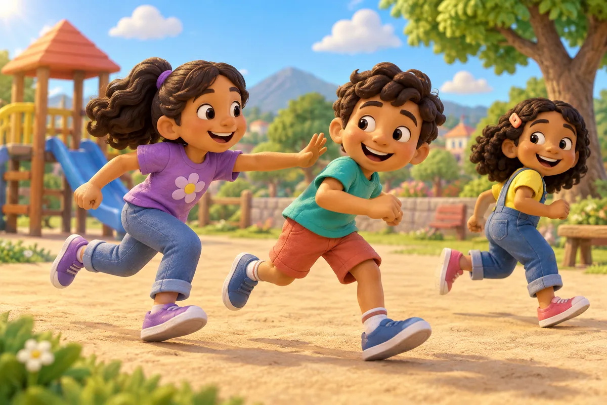 Tres amigos juegan a perseguirse en un patio; una niña está a punto de tocar el hombro de otro niño.