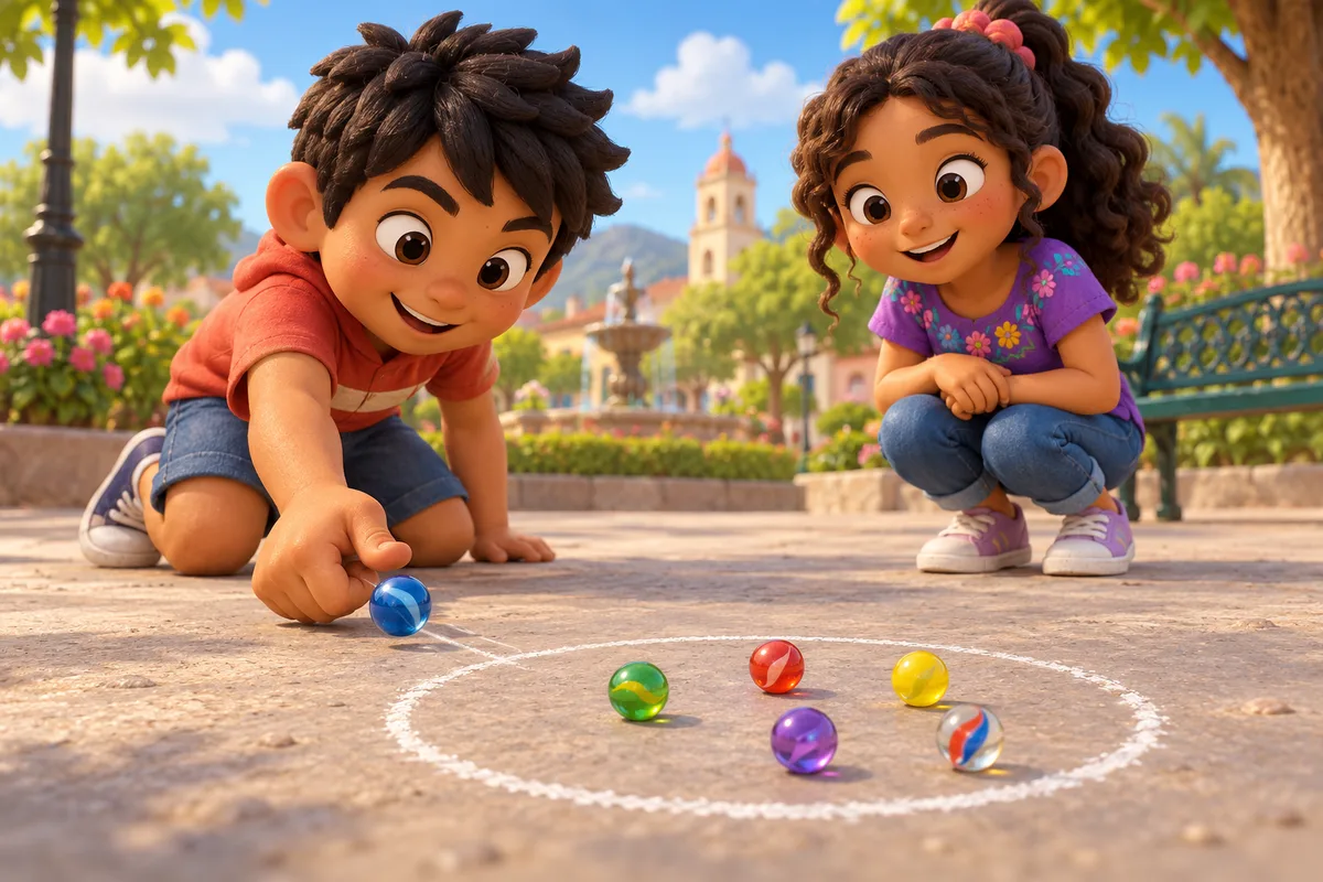 Dos niños observan canicas de colores dentro de un círculo de tiza mientras uno prepara un tiro con el pulgar.