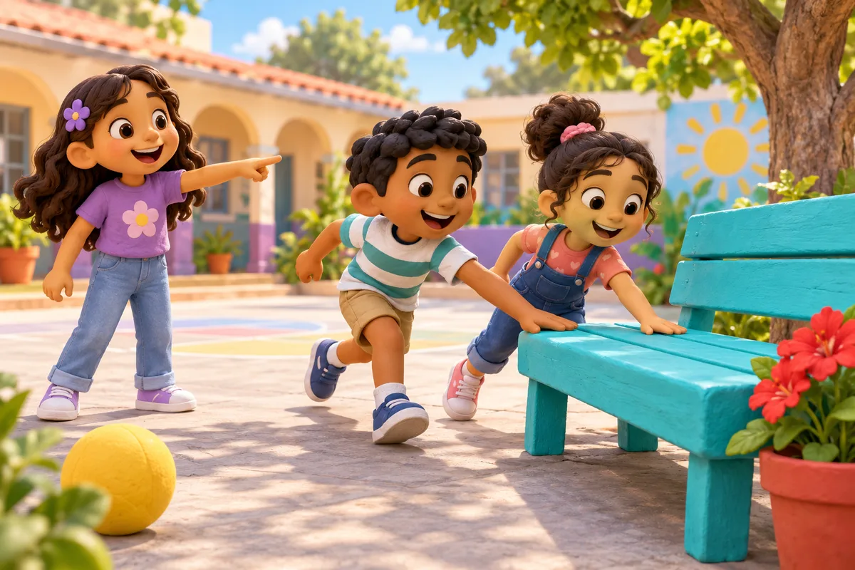 Varios niños buscan un color y se acercan a tocar un banco turquesa en un patio alegre.