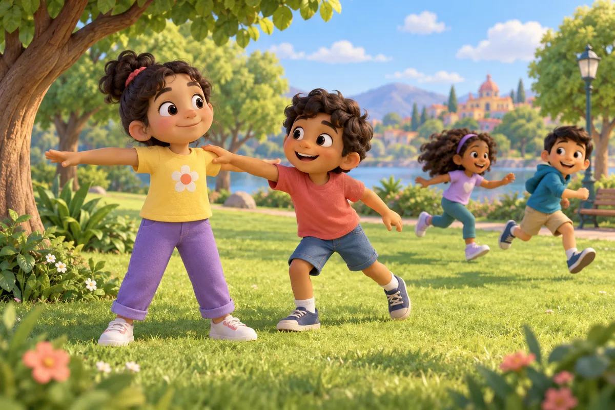 Una niña toca suavemente a un compañero que está quieto como una estatua para liberarlo.