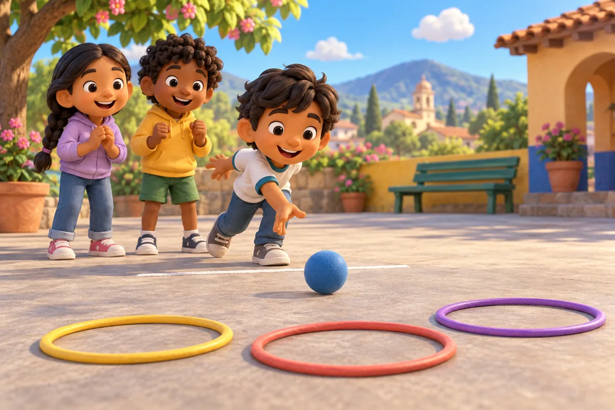 Un niño hace rodar una pelota blanda hacia tres aros en el suelo mientras sus amigos esperan a un lado.