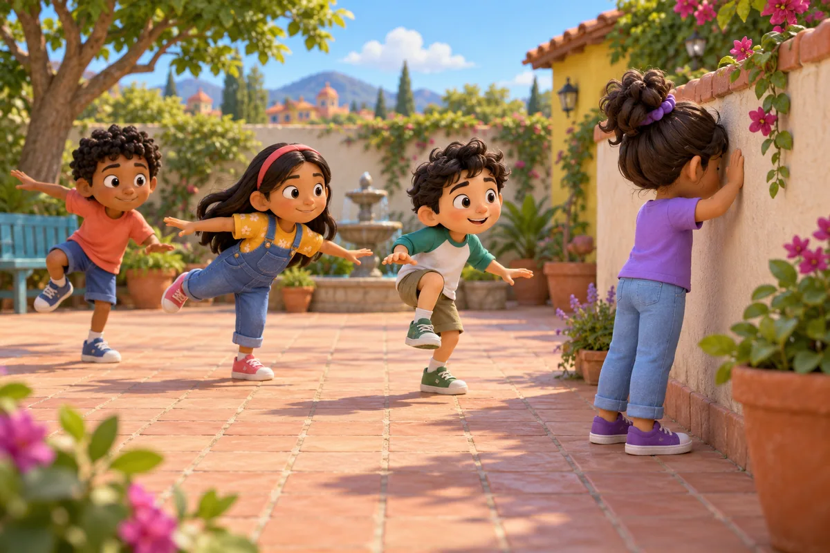 Un niño cuenta de cara a una pared mientras tres amigos se quedan inmóviles a unos pasos de él.