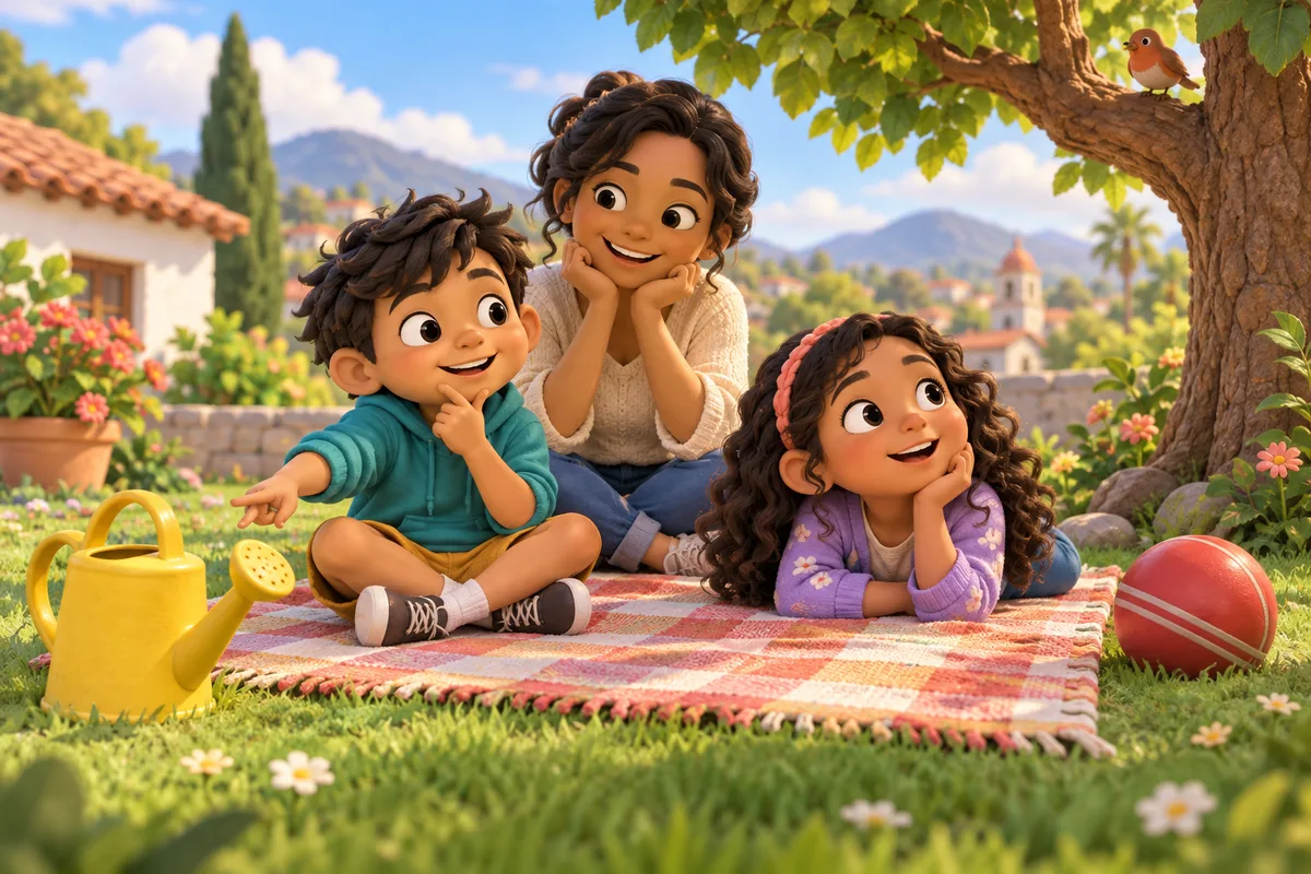 Dos niños y un adulto observan los objetos de un jardín mientras juegan a adivinar con pistas.
